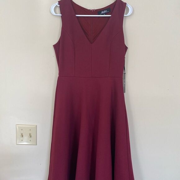 Lulus Darling Delight Dress Stretch Fitted Vneck Sleeveless Burgundy Skater NEW - Picture 1 of 11